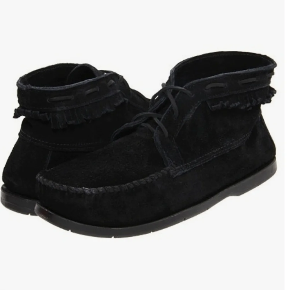 Minnetonka Men's Black Suede Leather Lace Up Chukka Boots EUC 8 Boho Minimalist